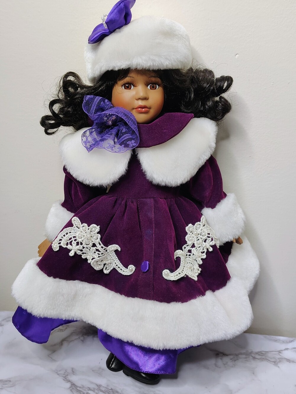 Vintage Cuddle Wit 16" Porcelain Doll Purple Velvet Winter Dress Black Hair